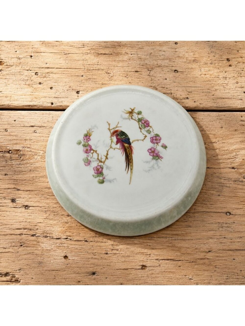 Vintage German Porcelain Trivet Chinoiserie Bird of Paradise Pink Floral Hot Pla